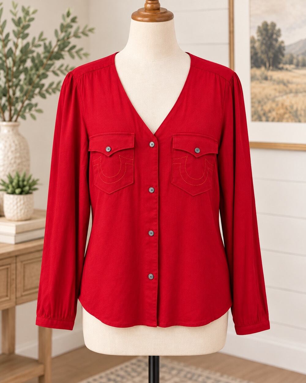 True Religion Red V-Neck Button Front Pocket Blouse Top Women’s XL